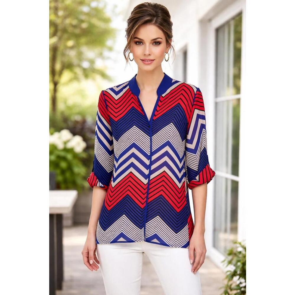 Zac & Rachel Chevron Red Blue Gray Geometric V- Neck Career Asymmetric Top, Lg